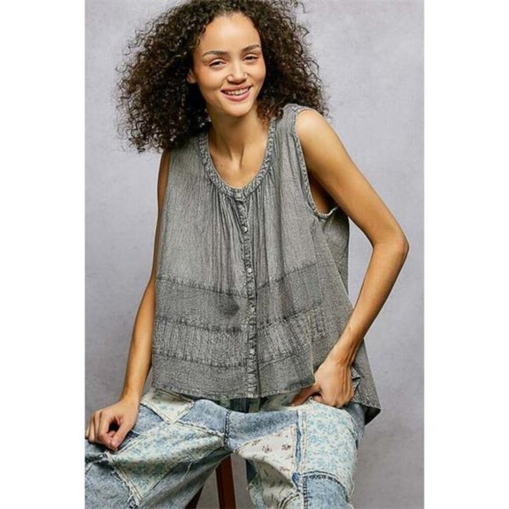 POL Button Down Round Neck Tank with‎ Crochet Contrast - Picture 3 of 8